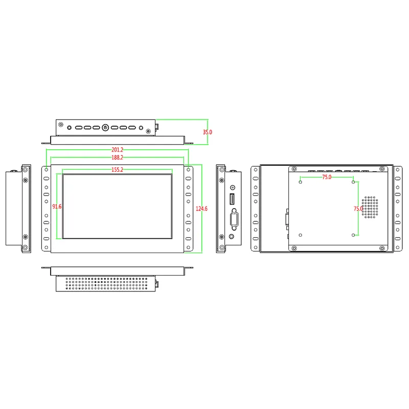 Metal housing 7 inch display touch screen monitor industrial sunlight readable lcd computer monitor DC 12V