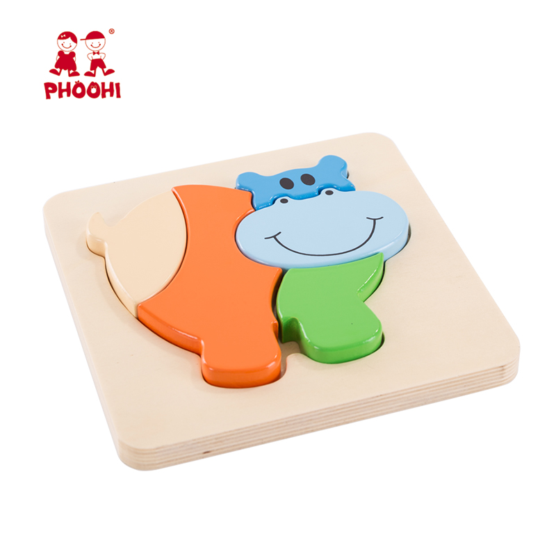Simple toddler educational puzzle toys 4 pcs wooden kids hippo animal puzzle for 1+