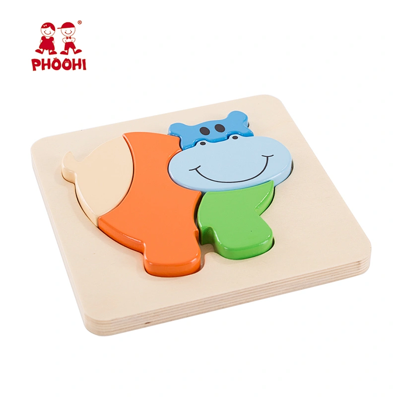 Simple toddler educational puzzle toys 4 pcs wooden kids hippo animal puzzle for 1+