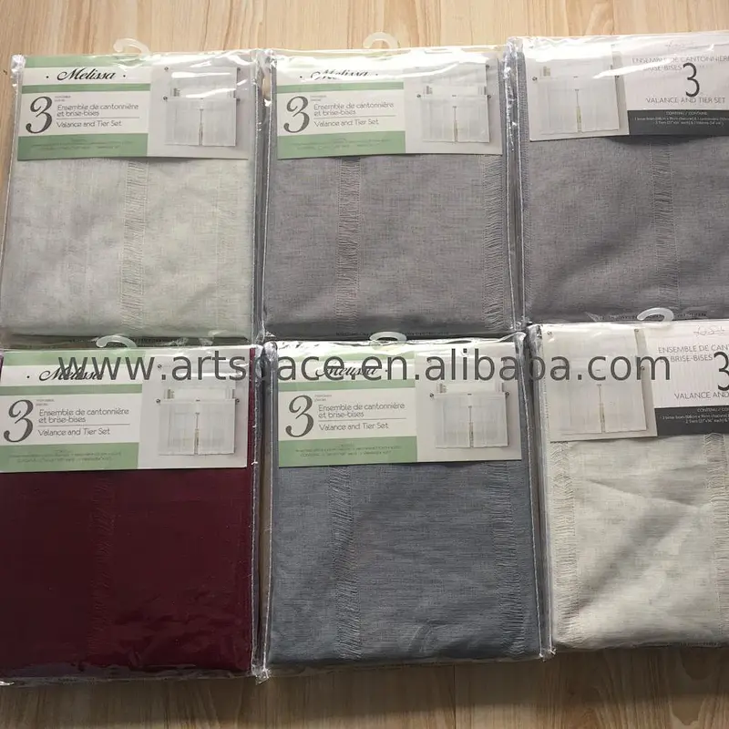 The newest Cheap sheer Kitchen curtain 100%Polyester smoke Vertical stripe 3pcs tier set