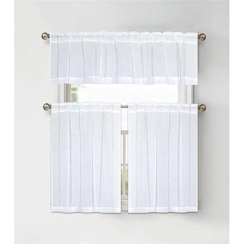 The newest Cheap sheer Kitchen curtain 100%Polyester smoke Vertical stripe 3pcs tier set