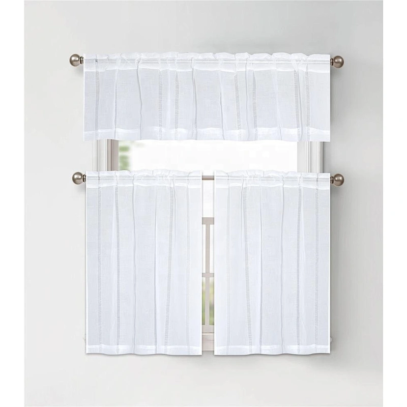 The newest Cheap sheer Kitchen curtain 100%Polyester smoke Vertical stripe 3pcs tier set