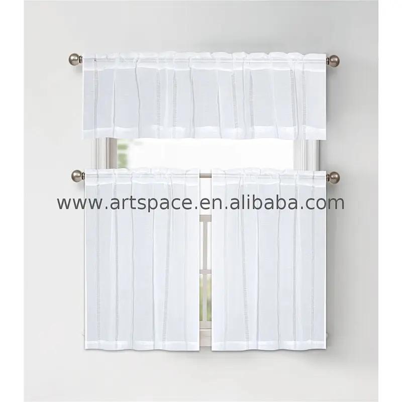 The newest Cheap sheer Kitchen curtain 100%Polyester smoke Vertical stripe 3pcs tier set