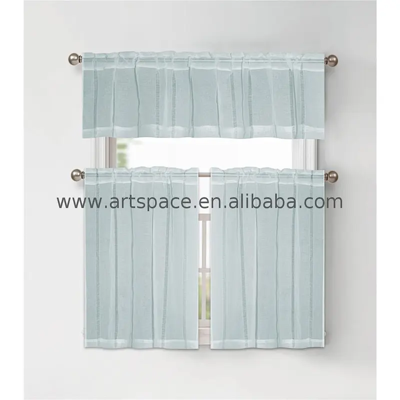 The newest Cheap sheer Kitchen curtain 100%Polyester smoke Vertical stripe 3pcs tier set