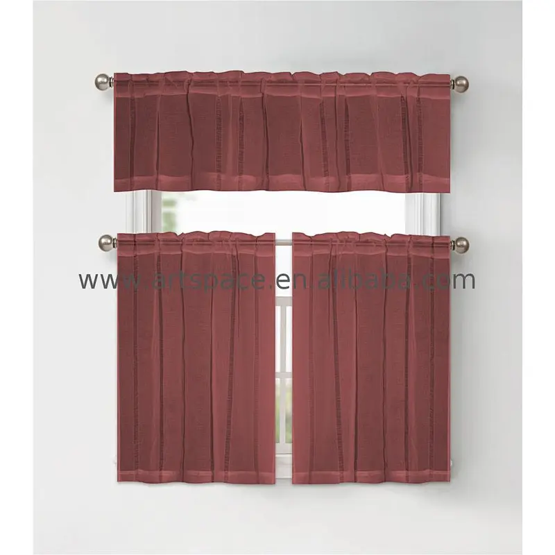 The newest Cheap sheer Kitchen curtain 100%Polyester smoke Vertical stripe 3pcs tier set