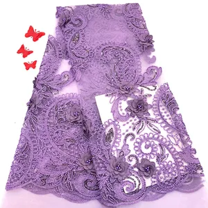 2019 best selling new design big sequins embroidered 3d flower lace with pearls fabric