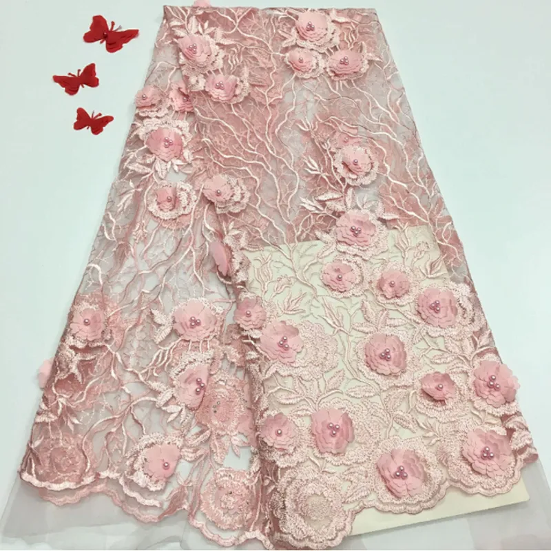 2019 New Style High Quality Beautifical Lace Flower Embroidered 3d Beaded Lace Fabric Bridal Lace Fabric For Wedding Dress