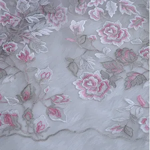 Latest embroidery 3D flower designs african  mesh pink embroidery lace fabric