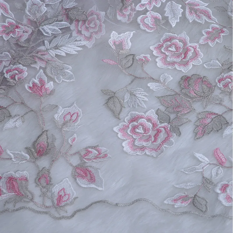 Latest embroidery 3D flower designs african  mesh pink embroidery lace fabric