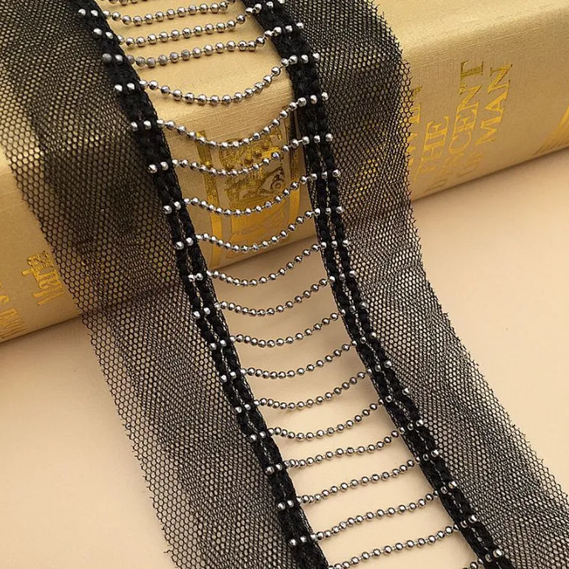 new design french metal long chain double net  hollow lace fabric for dress