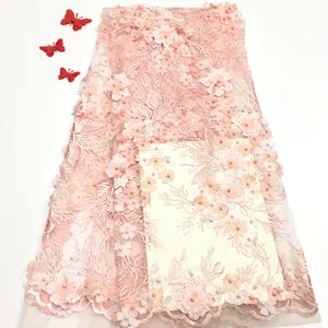 2019 New Style Hot Sale Beautifical Lace Flower Embroidered 3d Beaded Lace Fabric  For Wedding Dress