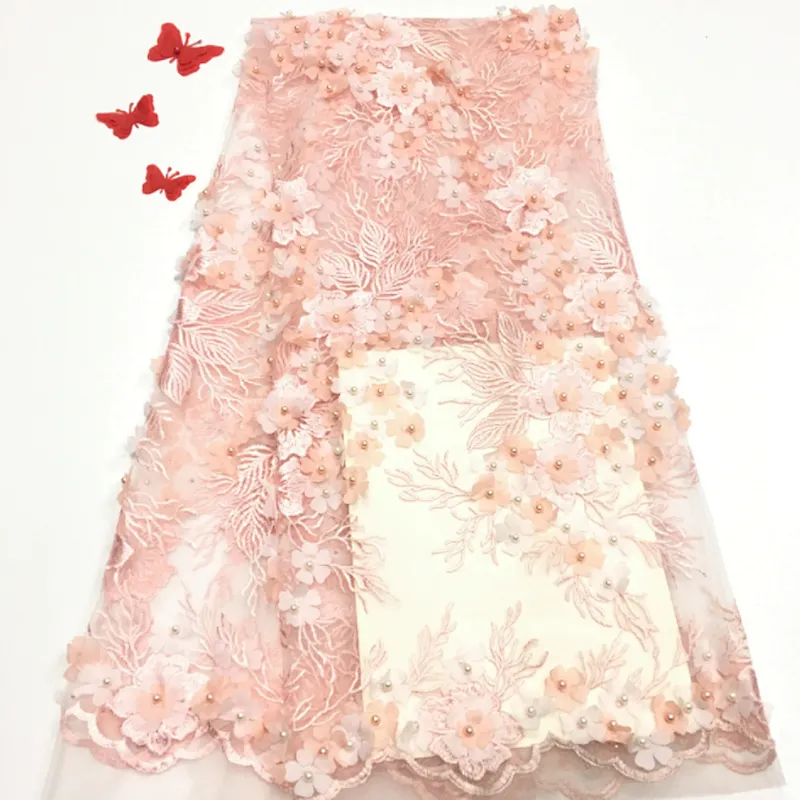 2019 New Style Hot Sale Beautifical Lace Flower Embroidered 3d Beaded Lace Fabric  For Wedding Dress