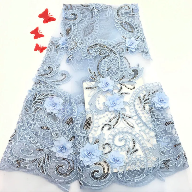 2019 best selling new design big sequins embroidered 3d flower lace with pearls fabric