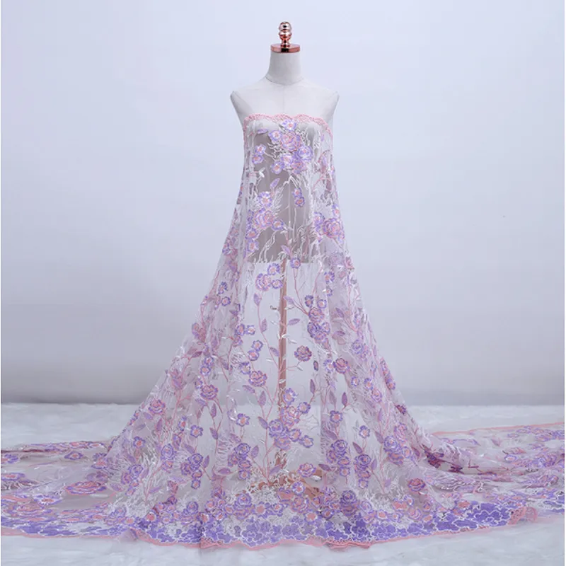 China wholesale embroidery flower african tulle lace mesh fabric for women