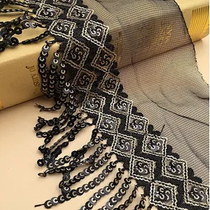 hot selling african polyester sequin bridal fashion tassel net lace fabric for women dress