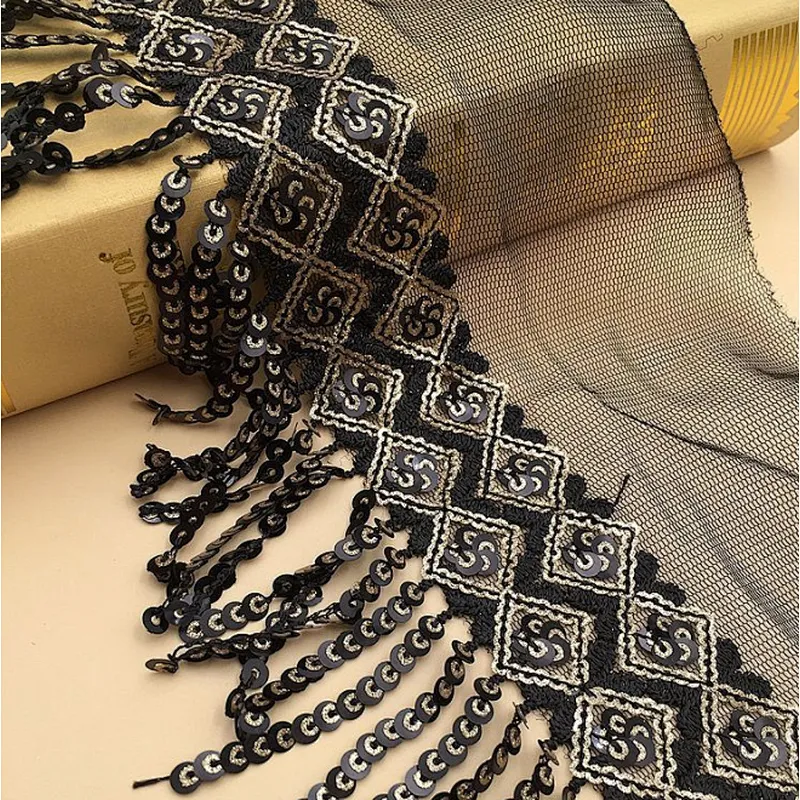 hot selling african polyester sequin bridal fashion tassel net lace fabric for women dress