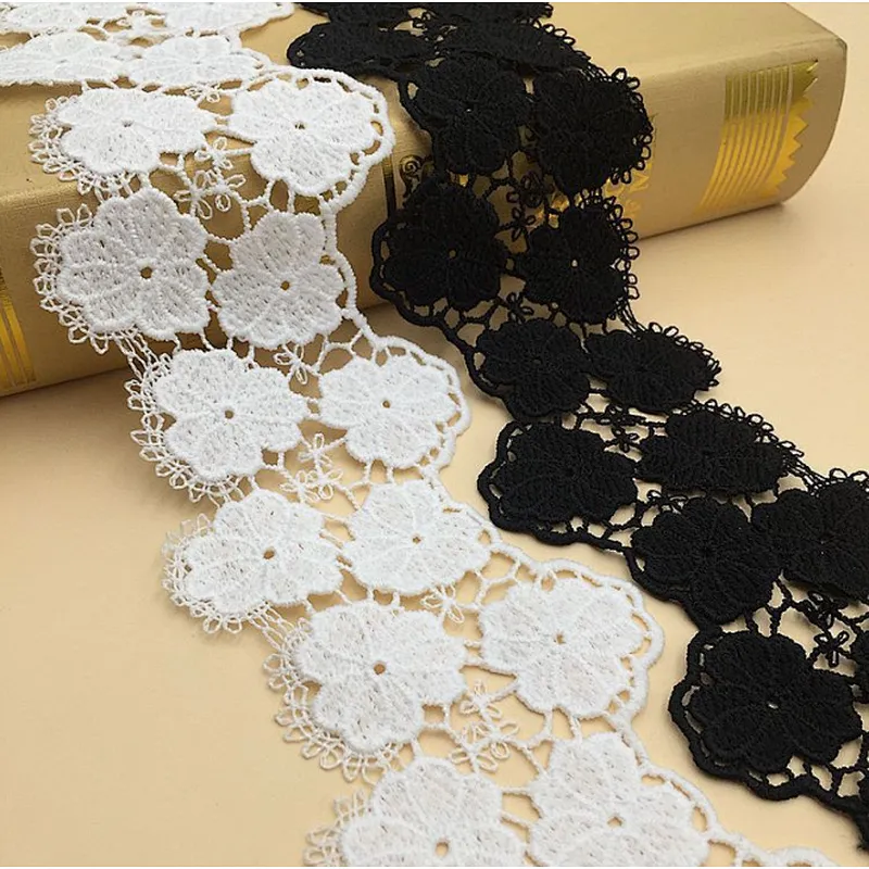 Latest african  designs 7cm white&black polyester chemical milk silk lace trim wholesale