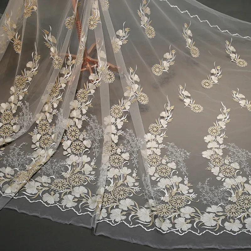 New arrival hand made luxury mesh embroidery gold thread french lace fabric