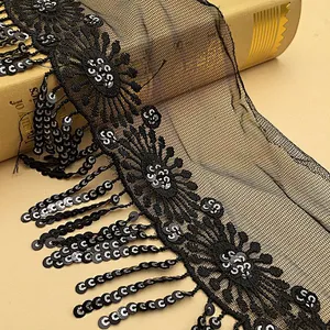 hot selling african polyester sequin bridal fashion tassel net lace fabric for women dress