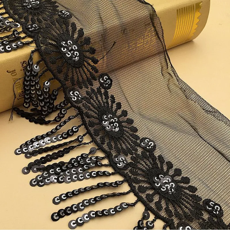 hot selling african polyester sequin bridal fashion tassel net lace fabric for women dress