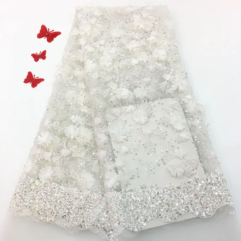 2019new style tube bead embroidery fabric 3D three-dimensional French lace embroidery fabric wedding dress fabric