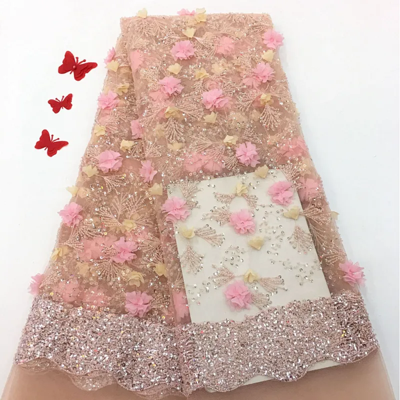 2019new style tube bead embroidery fabric 3D three-dimensional French lace embroidery fabric wedding dress fabric