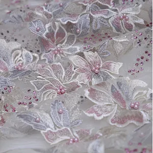 Factory Wholesale african 3D Embroidery mesh lace fabric for 2019 lady dress