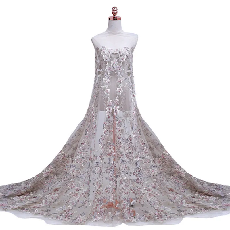 Factory Wholesale african 3D Embroidery mesh lace fabric for 2019 lady dress