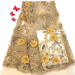 2019 best selling new design big sequins embroidered 3d flower lace with pearls fabric