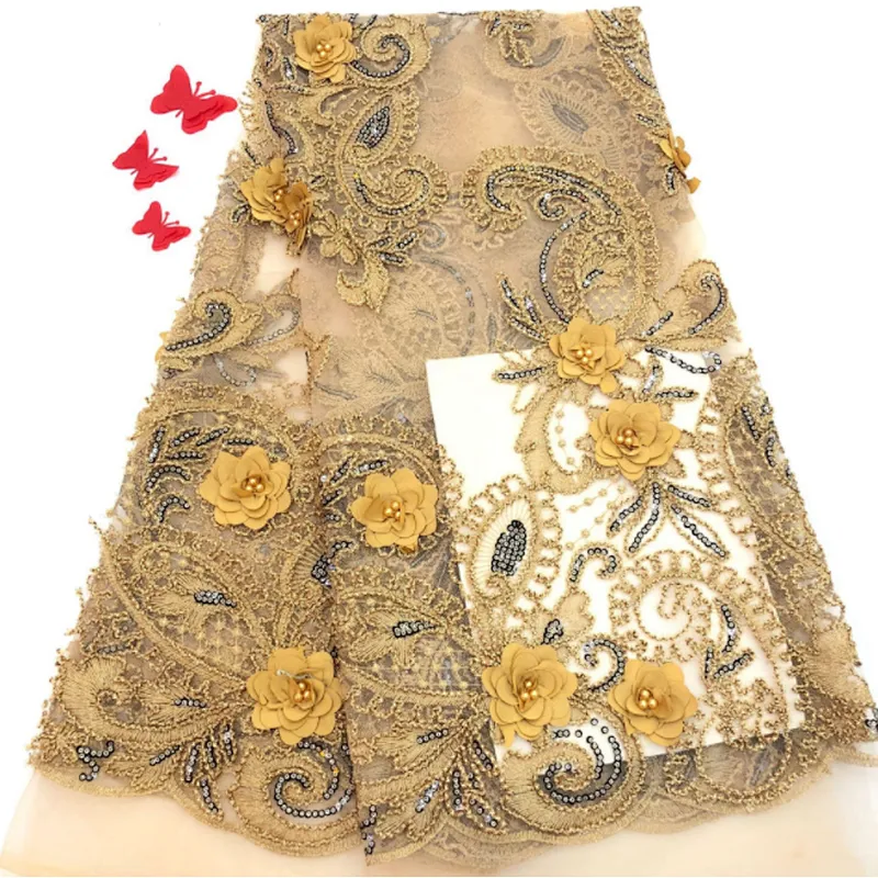 2019 best selling new design big sequins embroidered 3d flower lace with pearls fabric