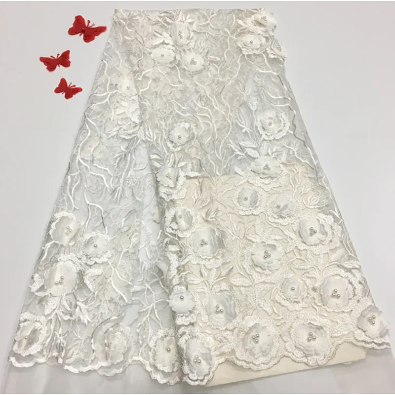 2019 New Style High Quality Beautifical Lace Flower Embroidered 3d Beaded Lace Fabric Bridal Lace Fabric For Wedding Dress