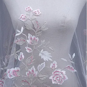 Latest embroidery 3D flower designs african  mesh pink embroidery lace fabric