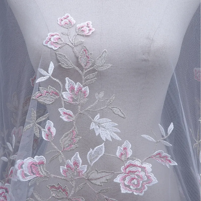 Latest embroidery 3D flower designs african  mesh pink embroidery lace fabric