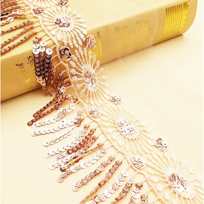 hot selling african polyester sequin bridal fashion tassel net lace fabric for women dress