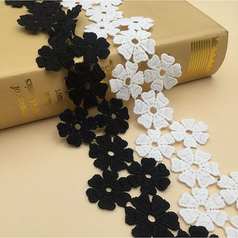 African Wholesale 5.5cm 9cm White & Black Chemical Embroidered Lace Trim  for Garments