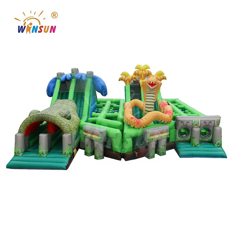 Giant Alligator with The Lost Jungle inflatable obstacle course, HUGE attraction Cobra Obstacle Course