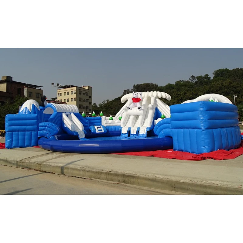 Giant customized size and color inflatable sea water park with big slides, white bear inflatable water park