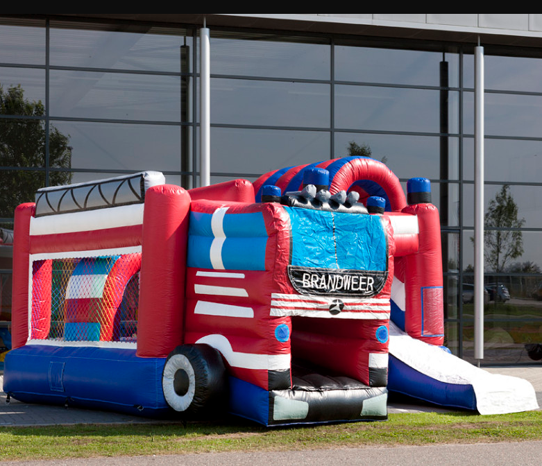 2018 amusement park fire truck inflatable bounce house/obstacle course with slide