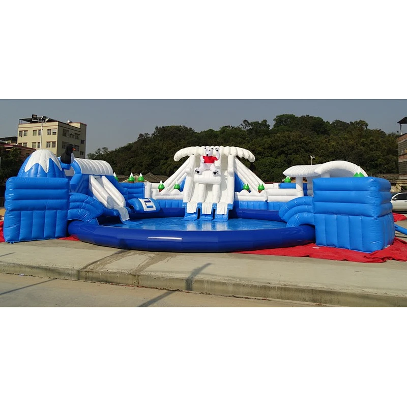 Giant customized size and color inflatable sea water park with big slides, white bear inflatable water park