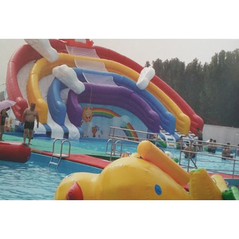 Outdoor 0.55mm PVC Tarpaulin Four Lane Inflatable Rainbow Water Slide, inflatable Water Park Games for frame pool