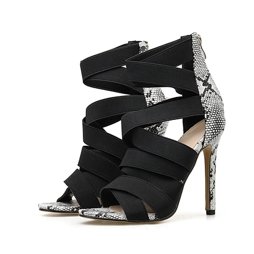 Women Pumps Serpentine Ribbon Mixed Colors High Heels Open Toe Heels PU Zipper Stilettos Ladies Sandals Party Shoes Black