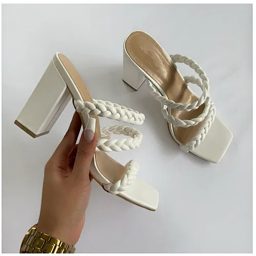 101947 DEleventh woman shoes  European and American Foreign Trade Fashion Weaving Square head solid color thick heel sandals
