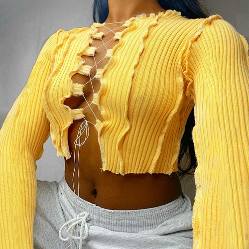 Sexy Clubwear Women Adjustable Lace Up Hollow Out Long Sleeve Crop Top Tank Tops Tees Camisole