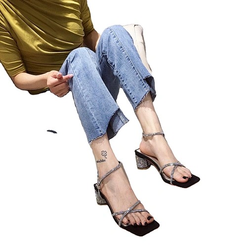 ISEEYOUFIRST Shoes Woman 2020 Square Open Toe Coarser Heels Shoes Bling Sequin Rhinestone Ankle Buckle Heel Sandals Three Colors