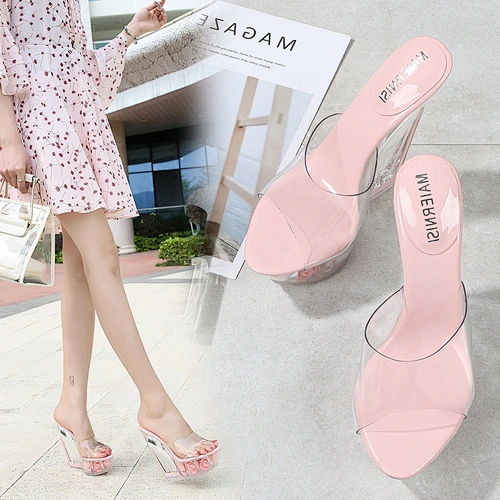 126-3 Summer 2021 Clear Platform Slides Wedge Shoes 14cm Heels Slip On Slide Sandals Shoes Women with flowers