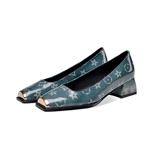 SS01ISEEYOUFIRST shoes women Thick heel floral shallow square head thick heel single shoes bright leather print  commuter shoes