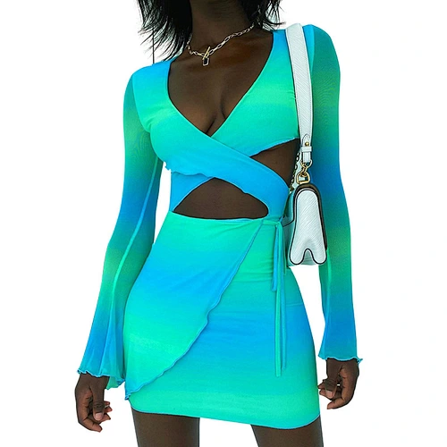 Dropshipping Clothes Ladies Cut Out Sexy Fashion Color Patchwork Long Sleeve Mini Bodycon Dress Women