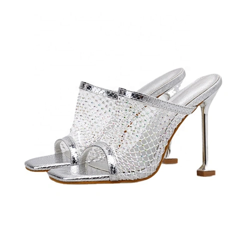 ISEEYOUFIRST Shoes Woman Peep-Toe Coarser High Heels Sandals New Arrivals 2020 Mesh Peep Toe Rhinestone Heels Slipper Two Colors