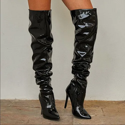YXB2443-1 New High Women Boots High Heels With Pointed Toe Woman Leather Over The Knee Boots Lady Punk Boot Black Dress Shoe