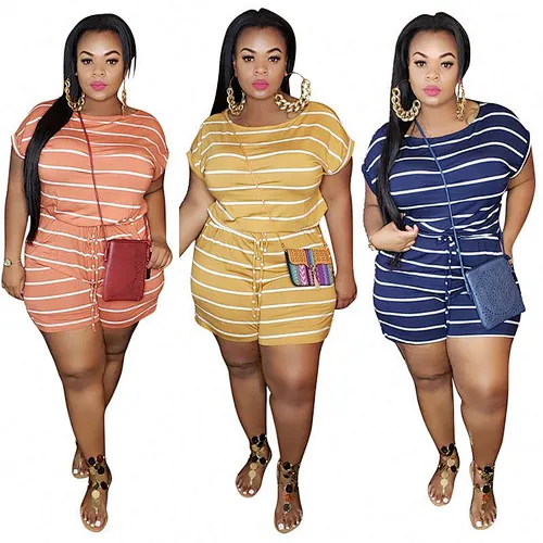 Women Summer Scoop Neck Short Sleeve T-shirt Clothing Plus Size Casual Striped Jumpsuit Romper